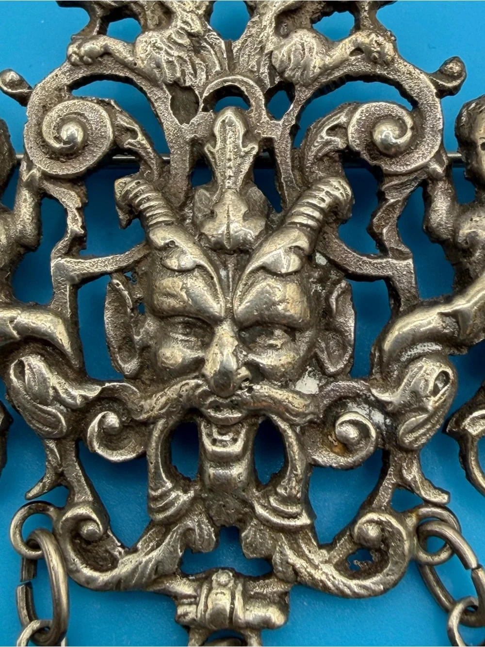 Antique Italian 800 Silver Florentine Lily Peruzzi Satyr Mask Brooch Pendant